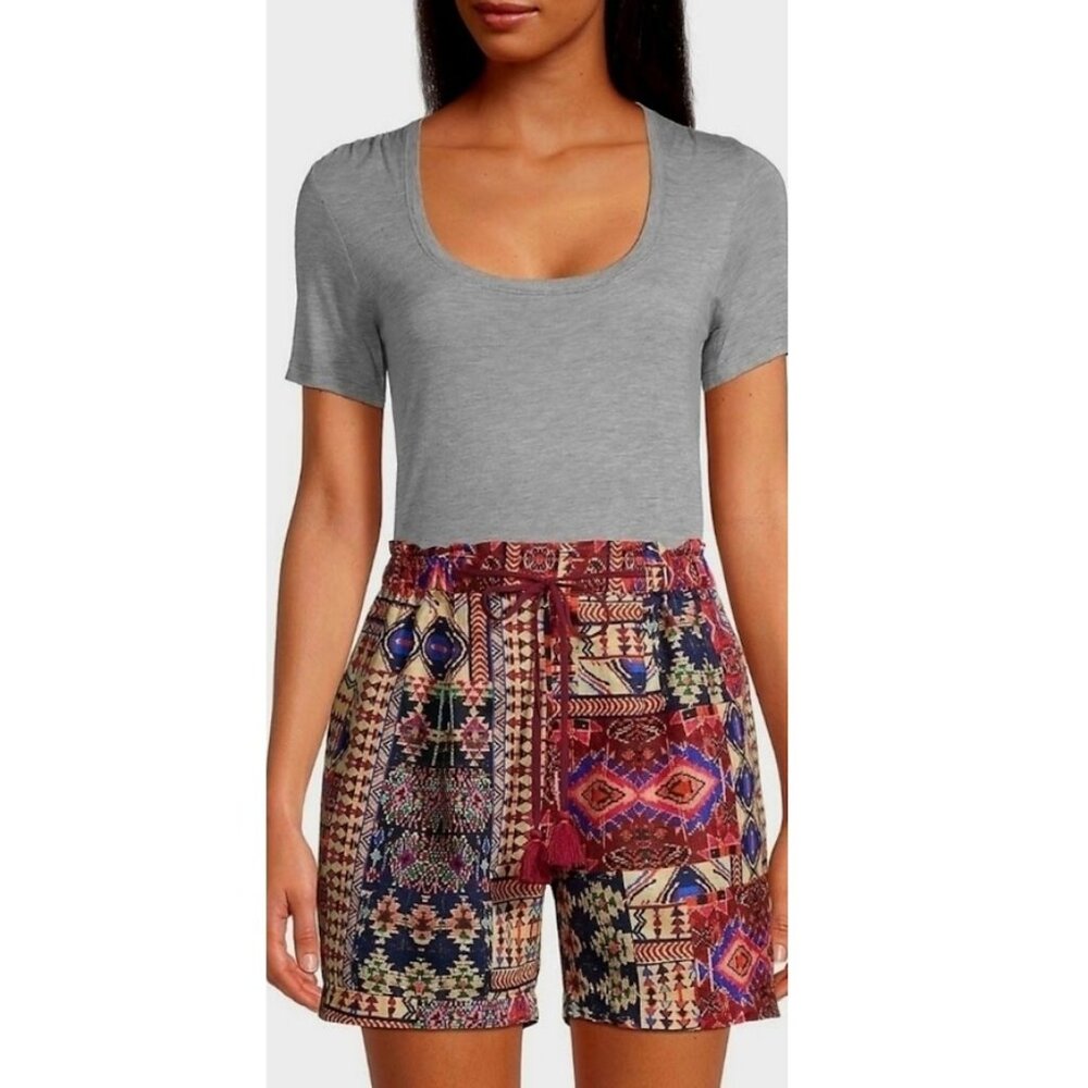 Johnny Was Paperbag Shorts Linen Tribal Aztec Print Tassels XL